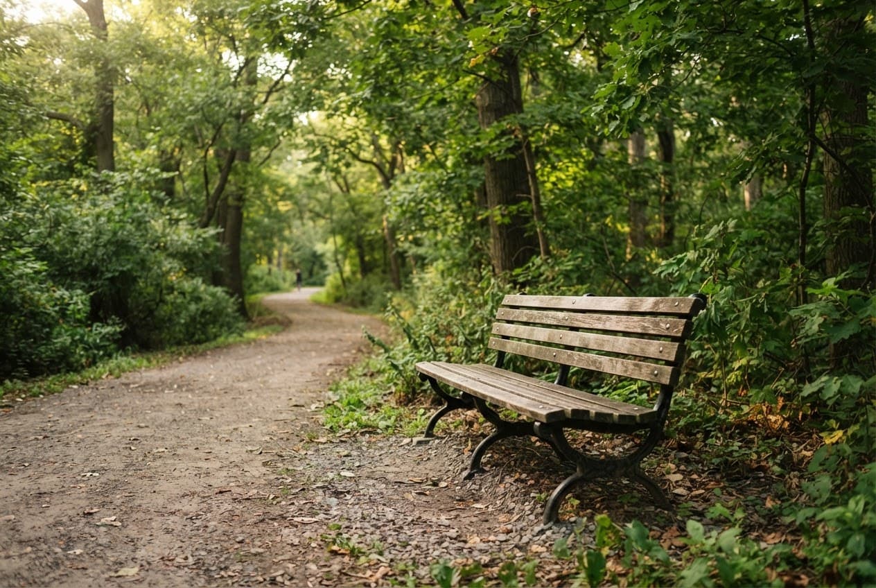 A bench along a wooded path in Van Cortlandt Park